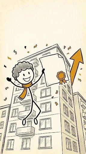 Persona feliz con su escritura frente a un edificio